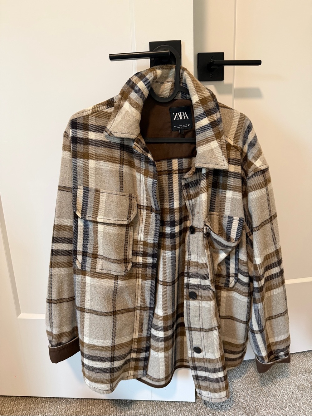 ZARA Plaid Shirt Jacket in Brown, Cream and Gray
